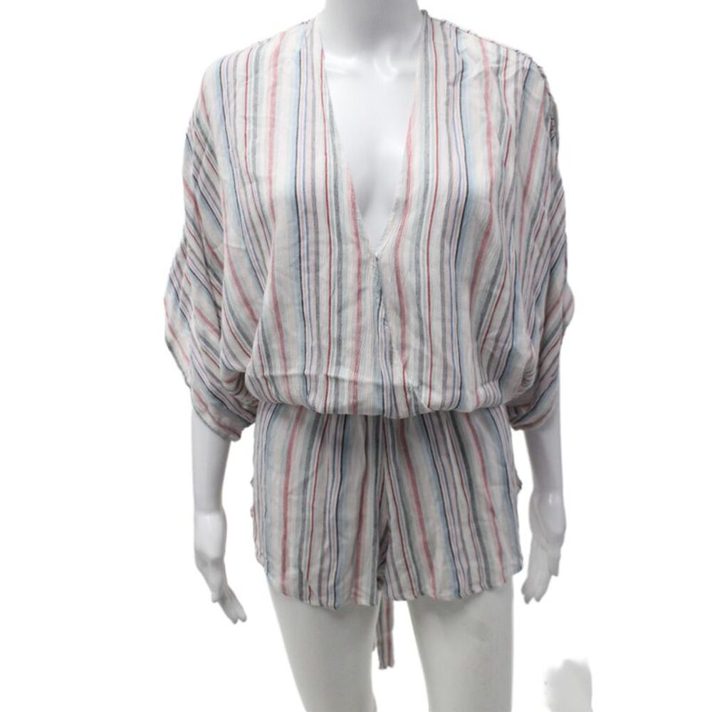 Elan Women Romper Blue Striped V-Neck Tie Waist Short Sleeve Rayon Size M